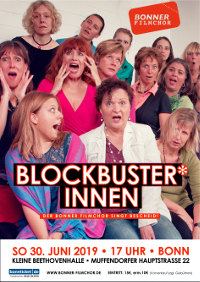 Plakat zum Konzert: verstört guckende Frauen, darauf die Schrift "Blockbusterinnen - Der Bonner Filmchor singt Bescheid" sowie Angaben zur Veranstaltung.