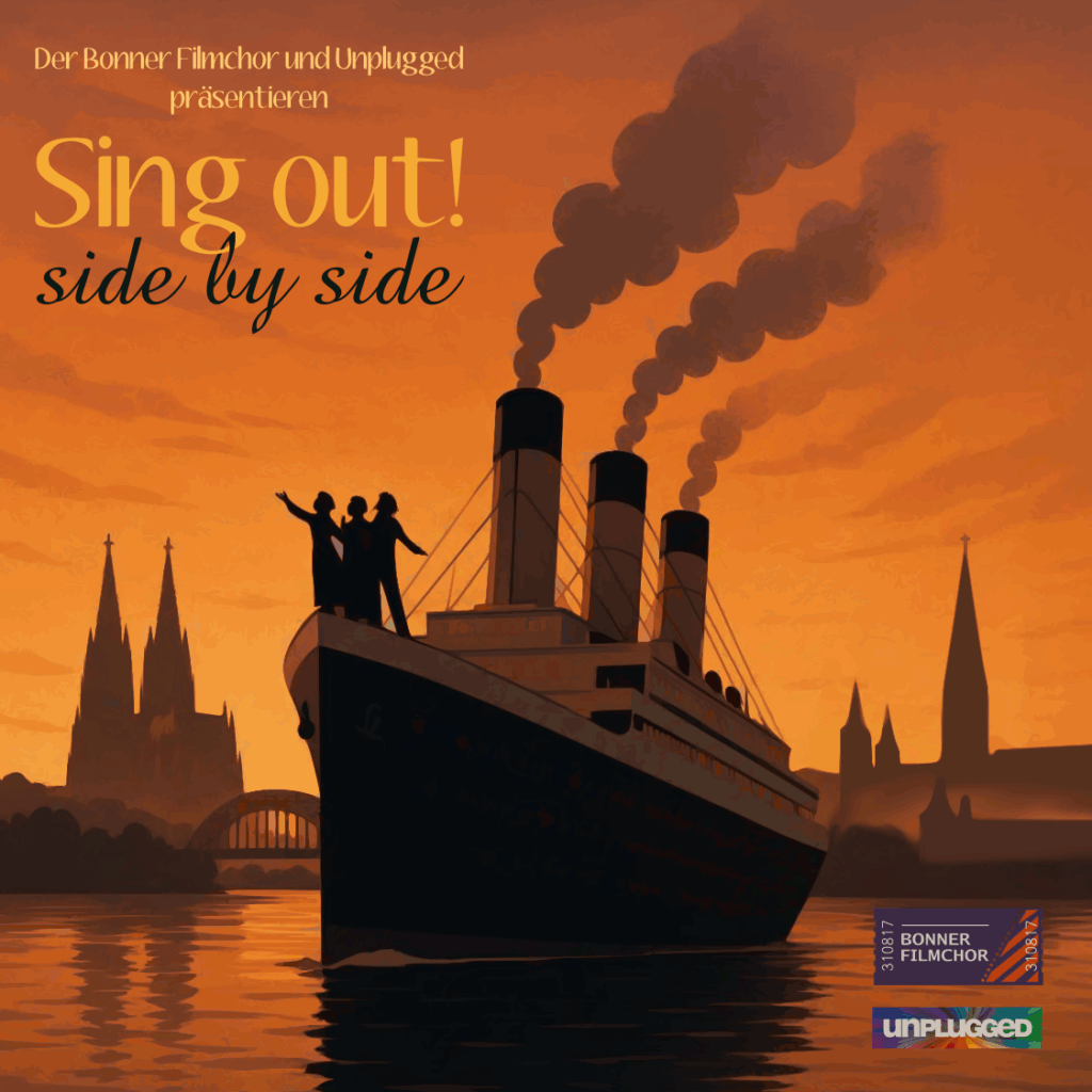 Filmplakat "Sing out - Side by side": ein Schiff, ähnlich der Titanic, auf einem Fluss. Am Bug des Schiffes stehen drei singenden Menschen. Im Hintergrund ist die Silhouette von Köln sowie die Silhouette von Bonn zu sehen.