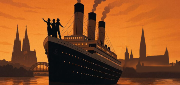 ilmplakat "Sing out - Side by side": ein Schiff, ähnlich der Titanic, auf einem Fluss. Am Bug des Schiffes stehen drei singenden Menschen. Im Hintergrund ist die Silhouette von Köln sowie die Silhouette von Bonn zu sehen.